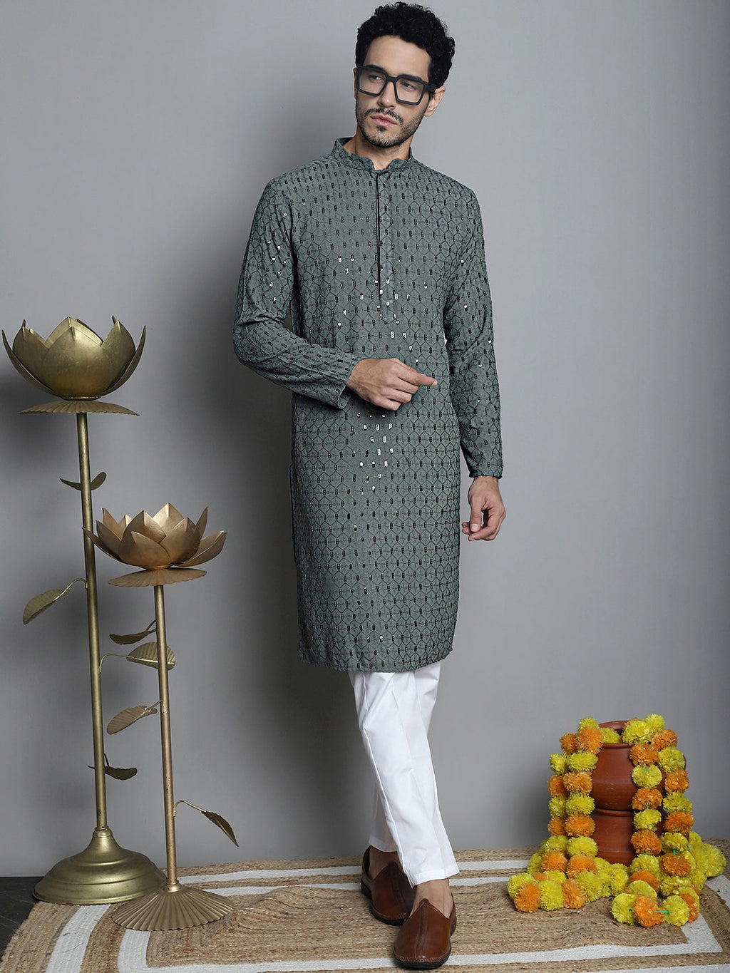 Jompers Men's Chikankari Embroidered and Sequence Kurta Only - Sea-Green | Grocsy