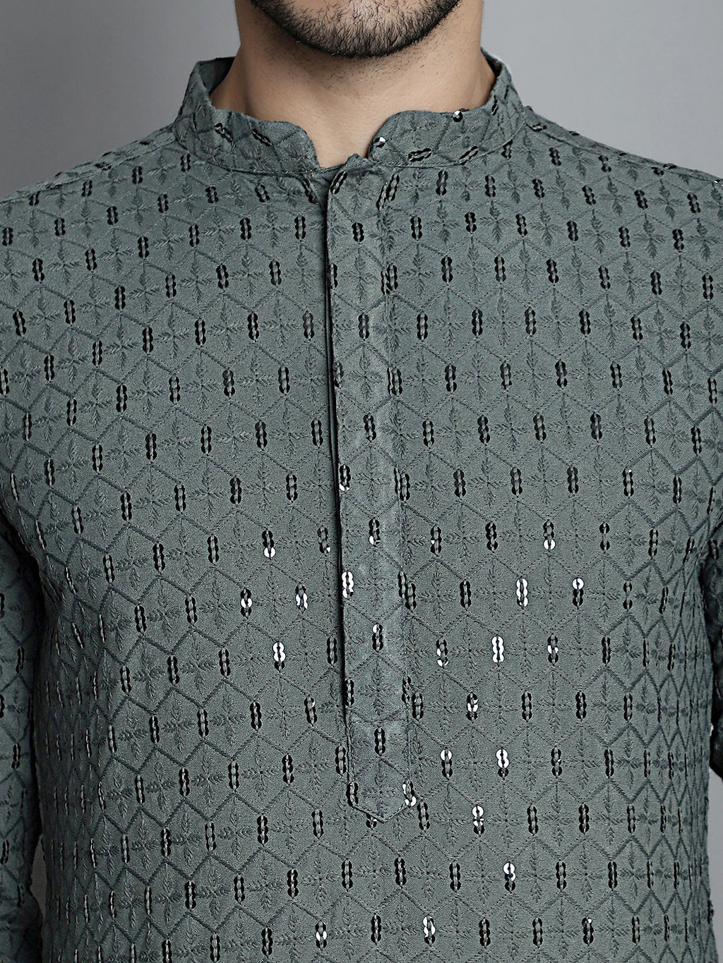 Jompers Men's Chikankari Embroidered and Sequence Kurta Only - Sea-Green | Grocsy