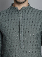 Jompers Men's Chikankari Embroidered and Sequence Kurta Only - Sea-Green | Grocsy