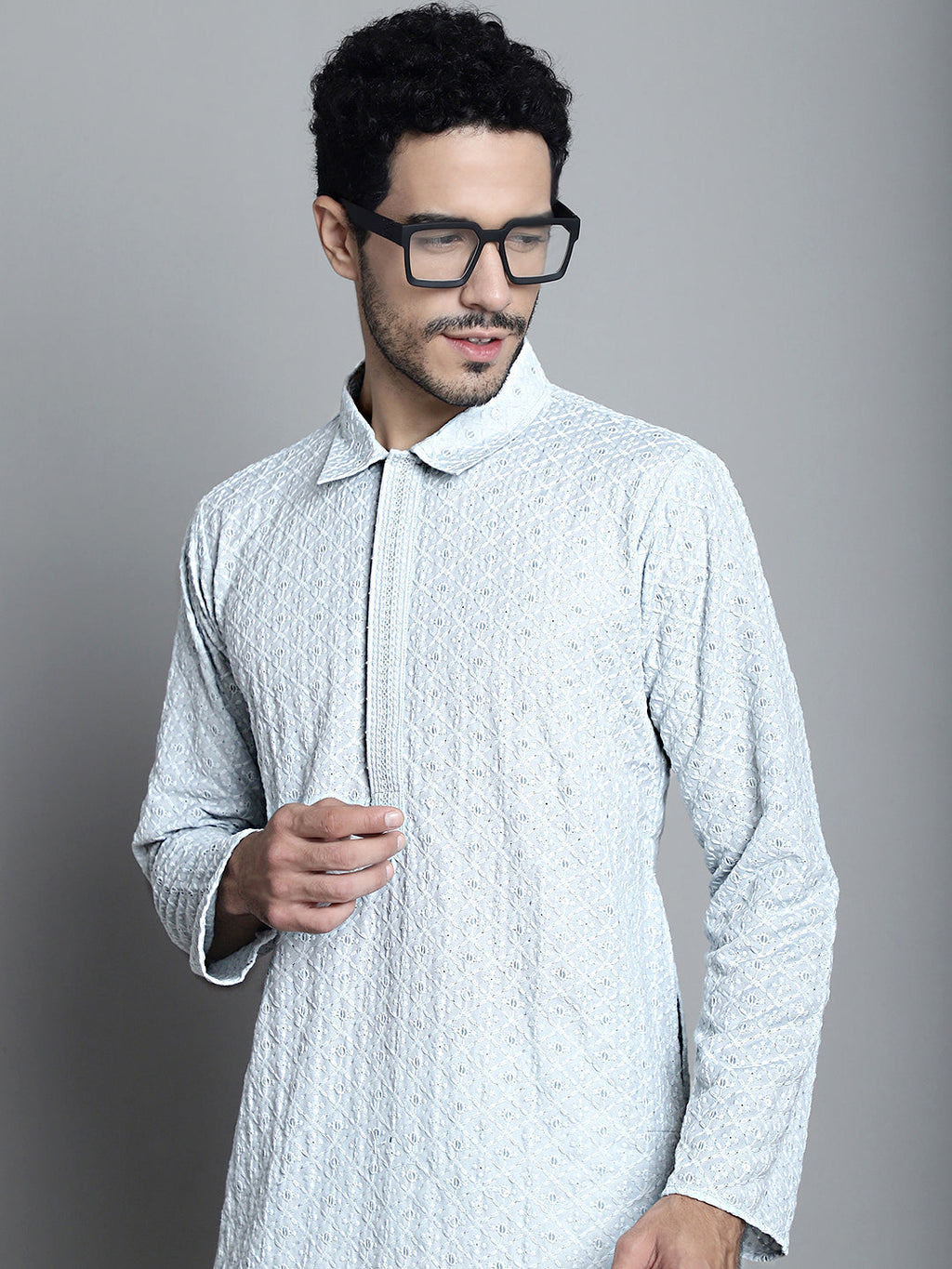 Jompers Men's Chikankari Embroidered and Sequence Kurta Only - Light-Grey | Grocsy