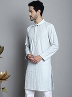 Jompers Men's Chikankari Embroidered and Sequence Kurta Only - Light-Grey | Grocsy