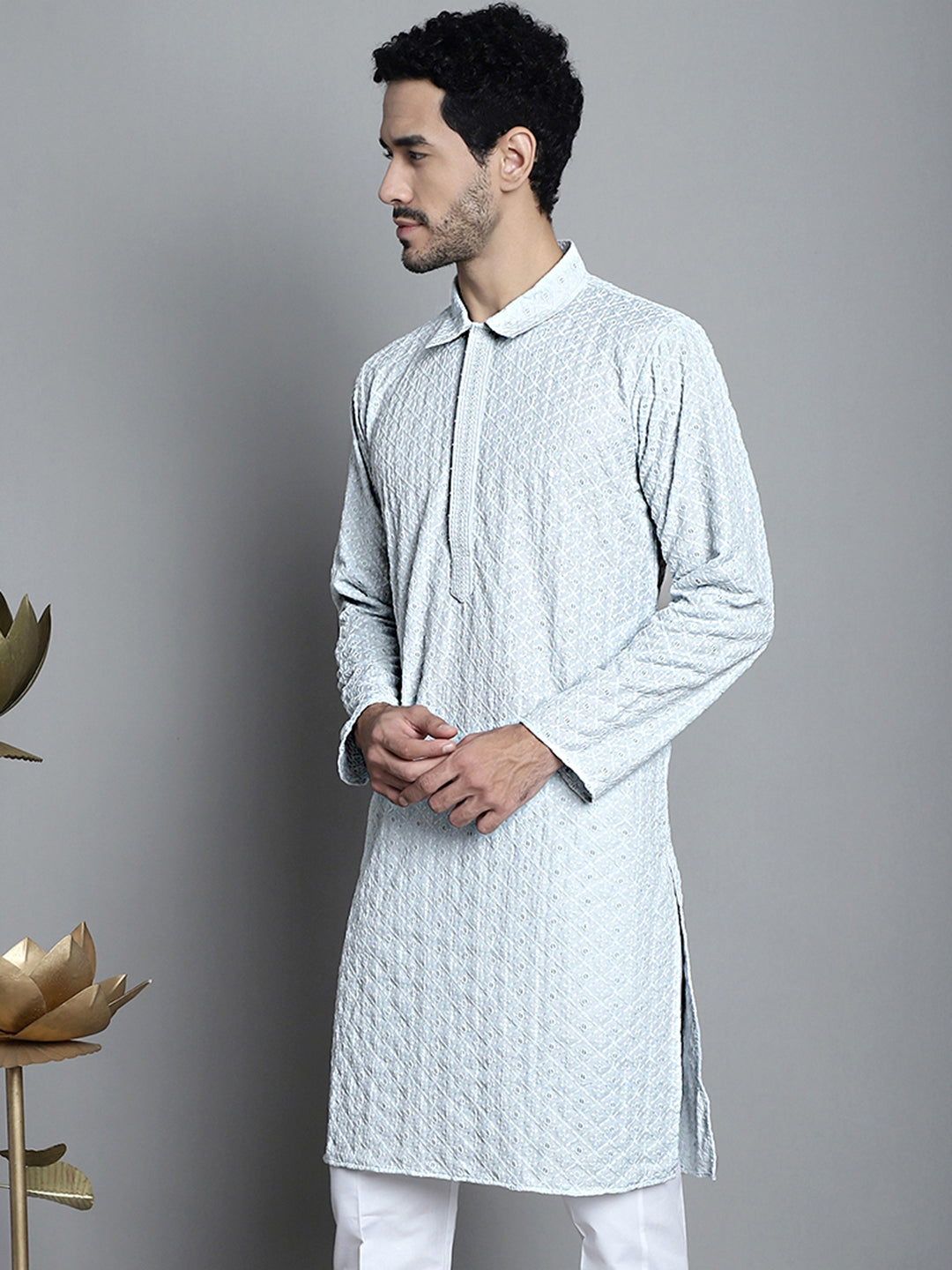 Jompers Men's Chikankari Embroidered and Sequence Kurta Only - Light-Grey | Grocsy