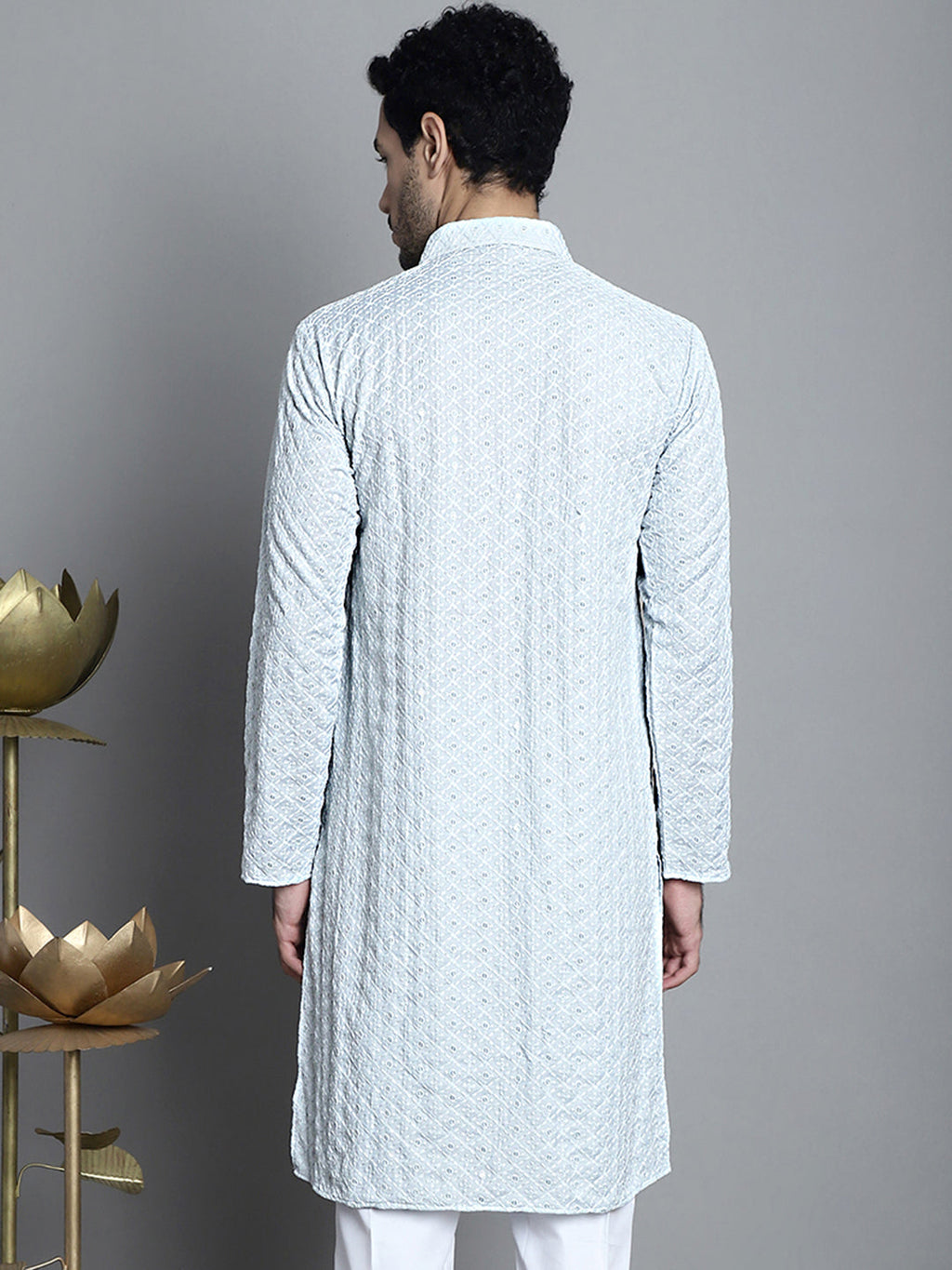 Jompers Men's Chikankari Embroidered and Sequence Kurta Only - Light-Grey | Grocsy