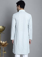 Jompers Men's Chikankari Embroidered and Sequence Kurta Only - Light-Grey | Grocsy