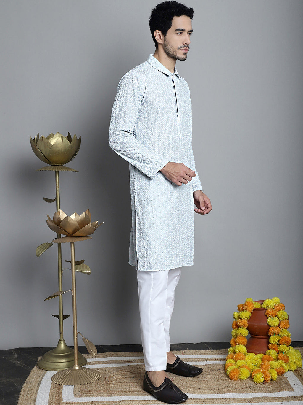 Jompers Men's Chikankari Embroidered and Sequence Kurta Only - Light-Grey | Grocsy