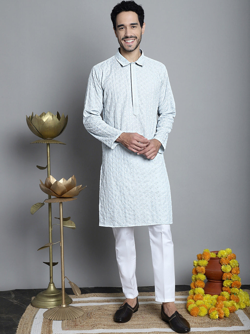 Jompers Men's Chikankari Embroidered and Sequence Kurta Only - Light-Grey | Grocsy