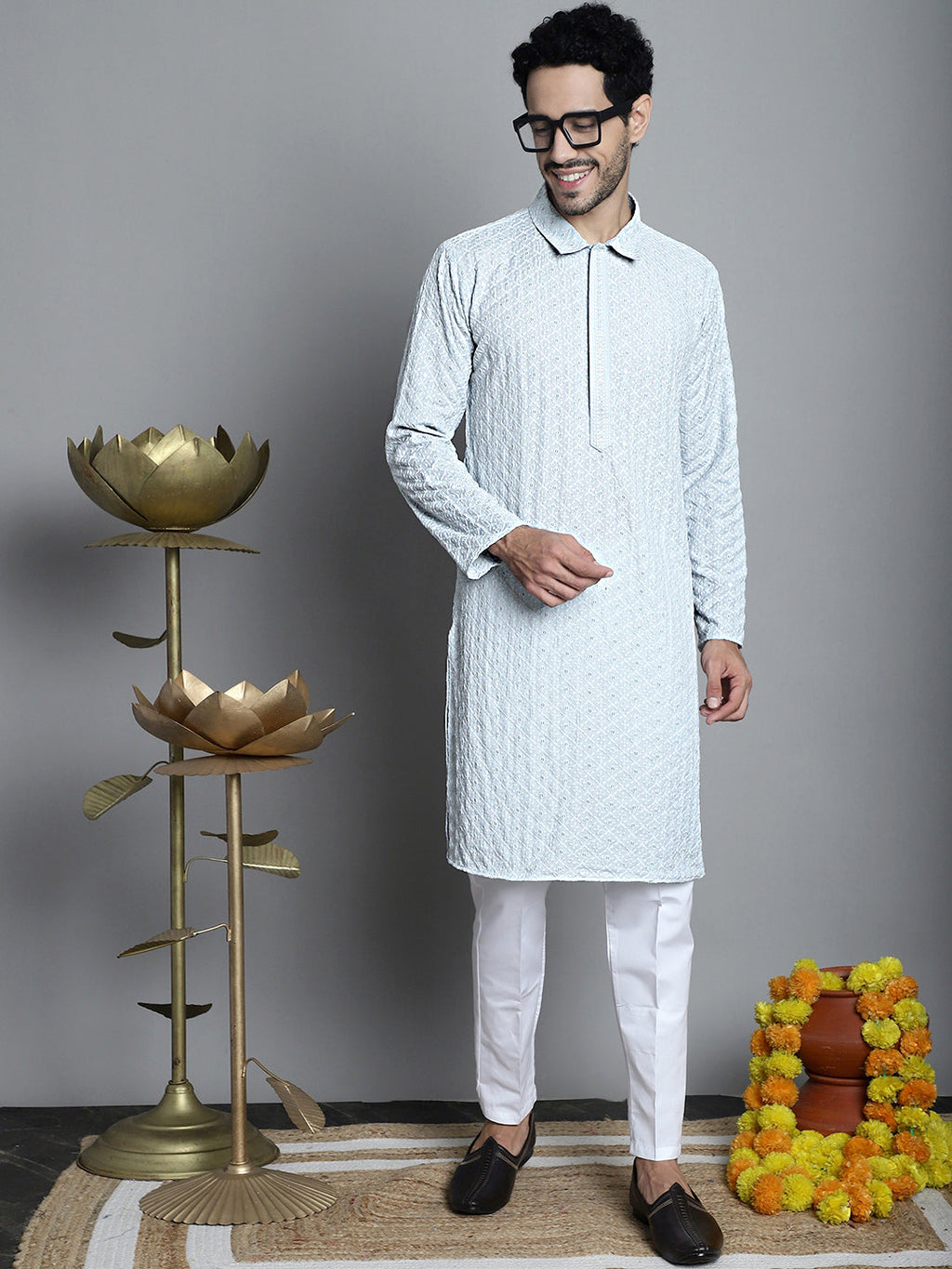 Jompers Men's Chikankari Embroidered and Sequence Kurta Only - Light-Grey | Grocsy