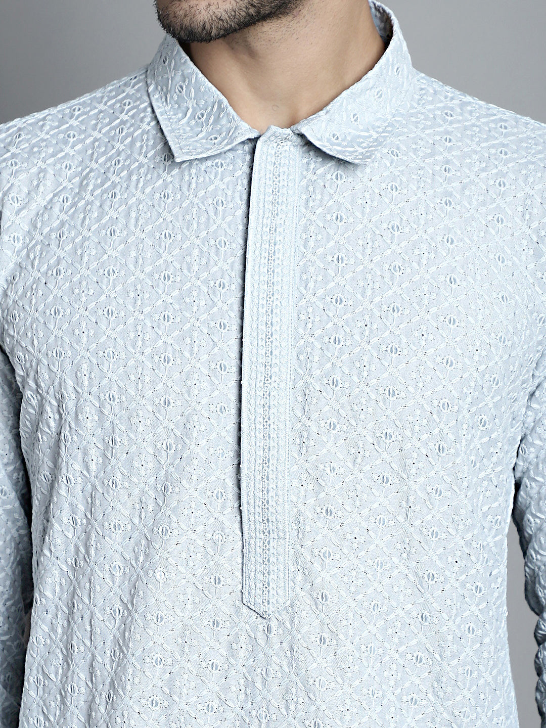 Jompers Men's Chikankari Embroidered and Sequence Kurta Only - Light-Grey | Grocsy