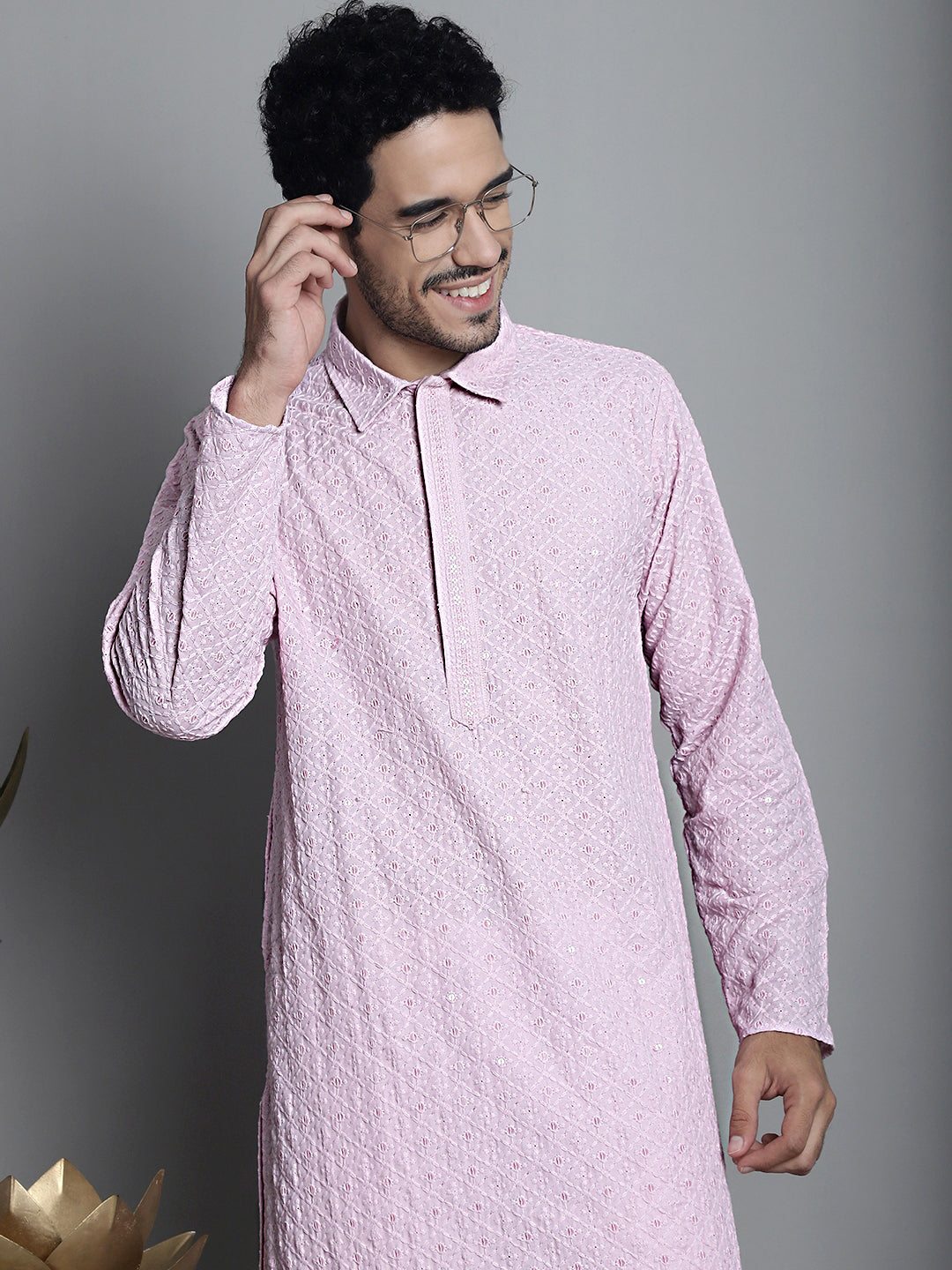 Jompers Men's Chikankari Embroidered and Sequence Kurta Only - Magenta | Grocsy