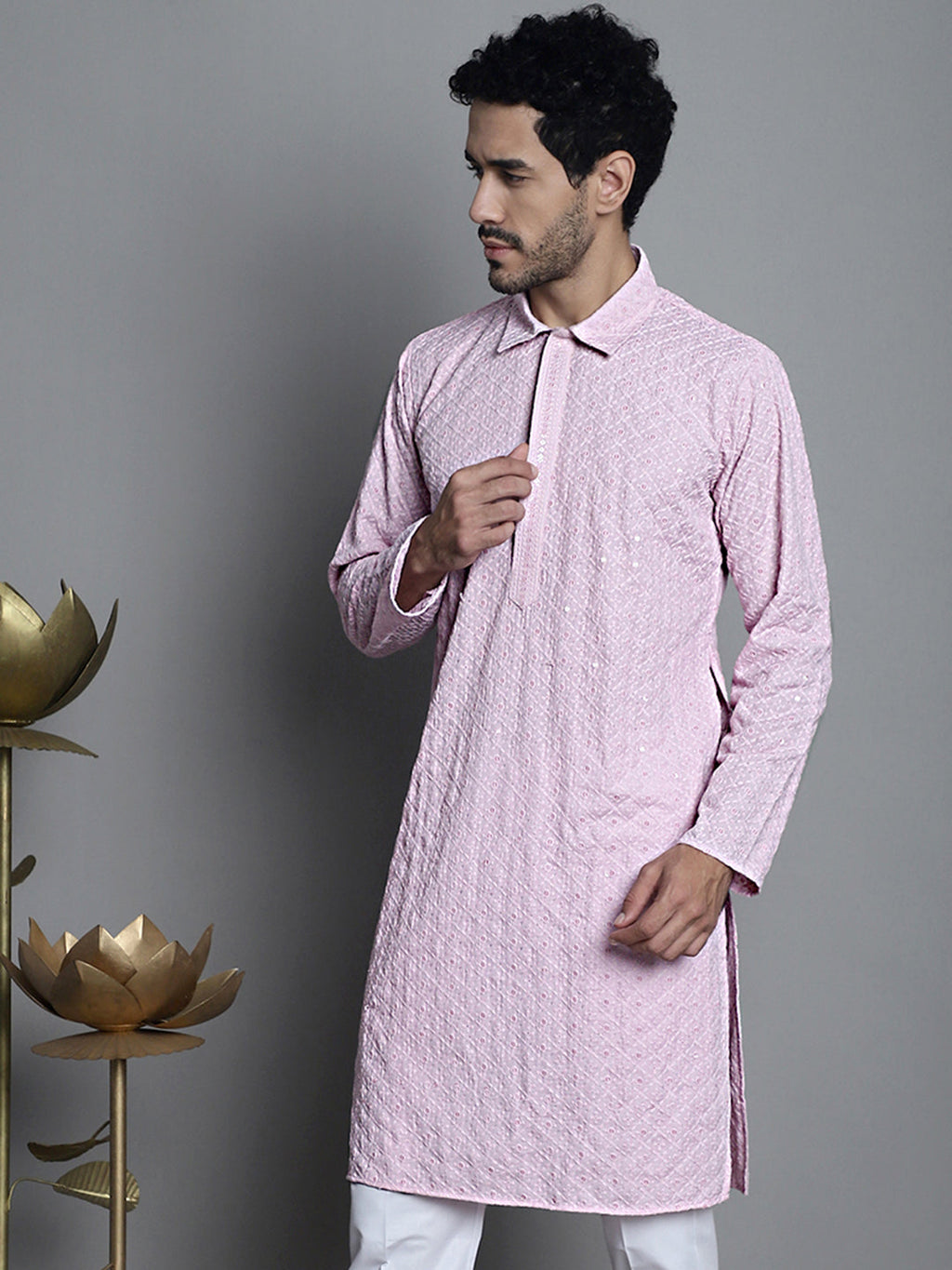 Jompers Men's Chikankari Embroidered and Sequence Kurta Only - Magenta | Grocsy