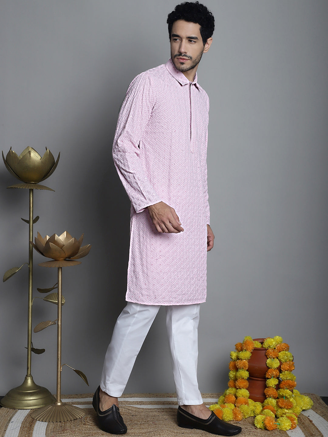 Jompers Men's Chikankari Embroidered and Sequence Kurta Only - Magenta | Grocsy