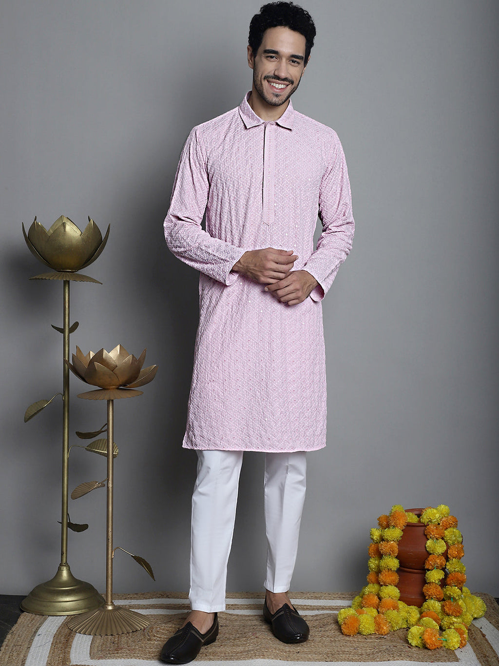 Jompers Men's Chikankari Embroidered and Sequence Kurta Only - Magenta | Grocsy
