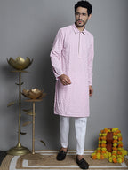 Jompers Men's Chikankari Embroidered and Sequence Kurta Only - Magenta | Grocsy