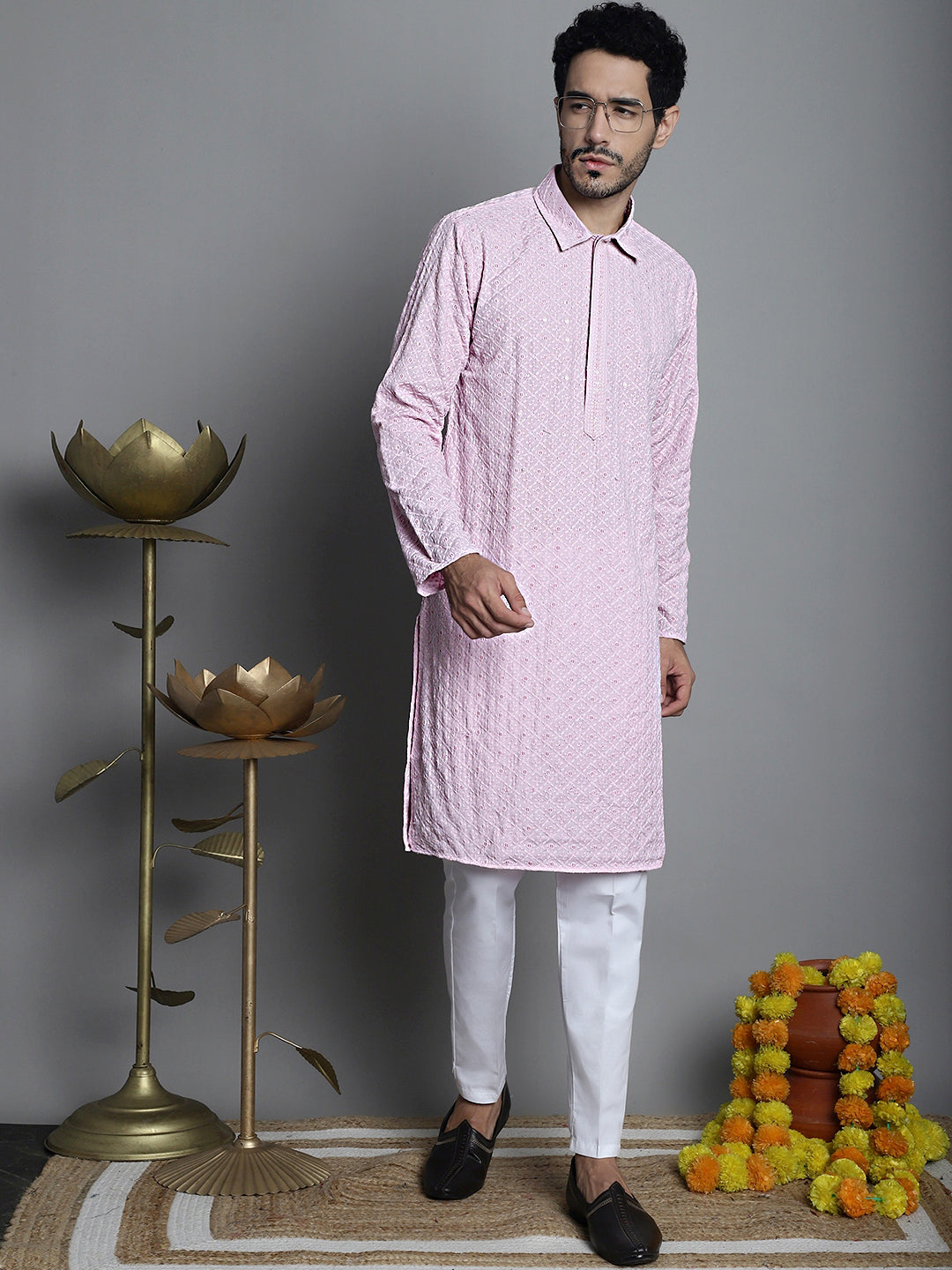 Jompers Men's Chikankari Embroidered and Sequence Kurta Only - Magenta | Grocsy