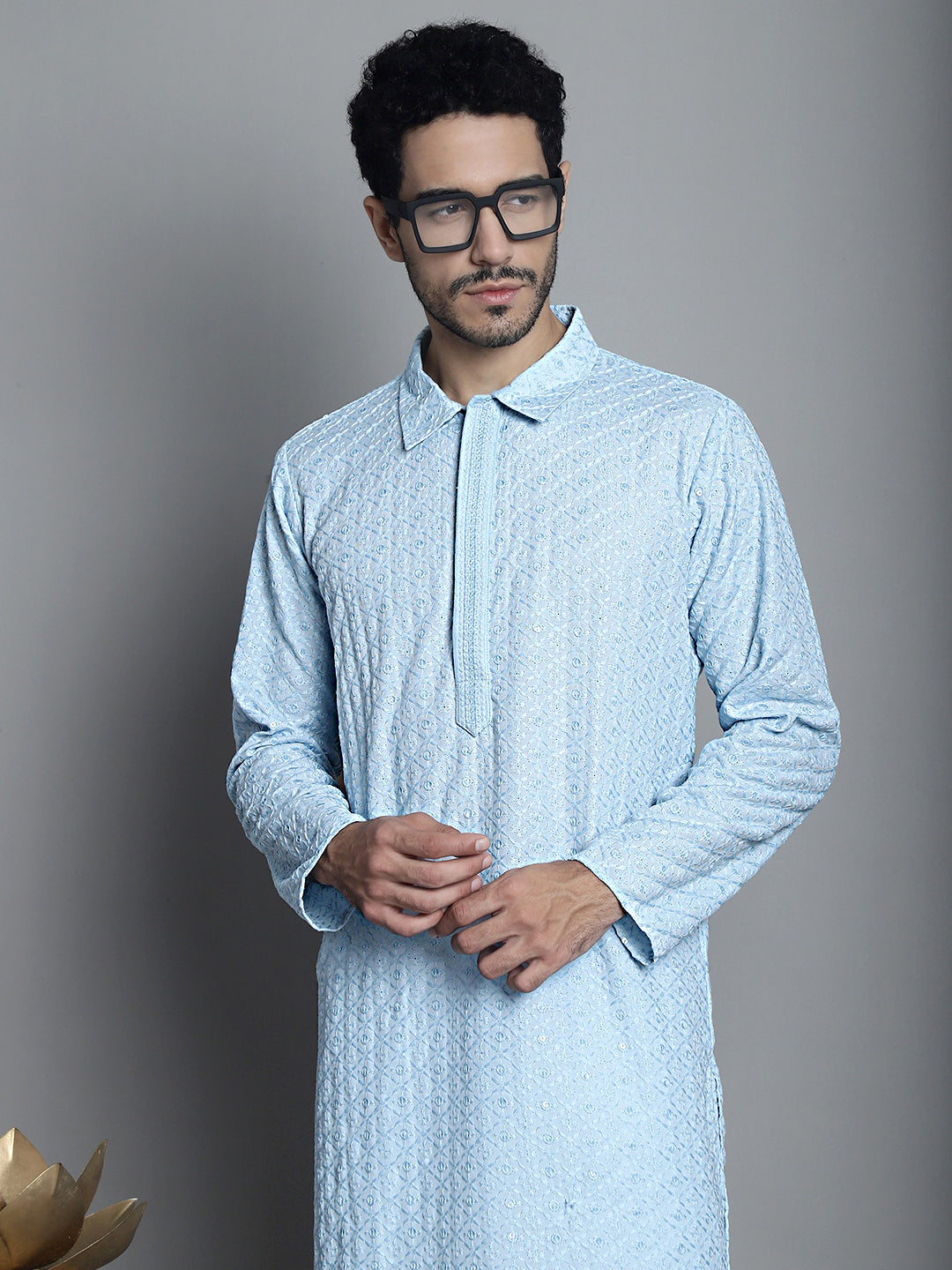 Jompers Men's Chikankari Embroidered and Sequence Kurta Only - Sky Blue | Grocsy