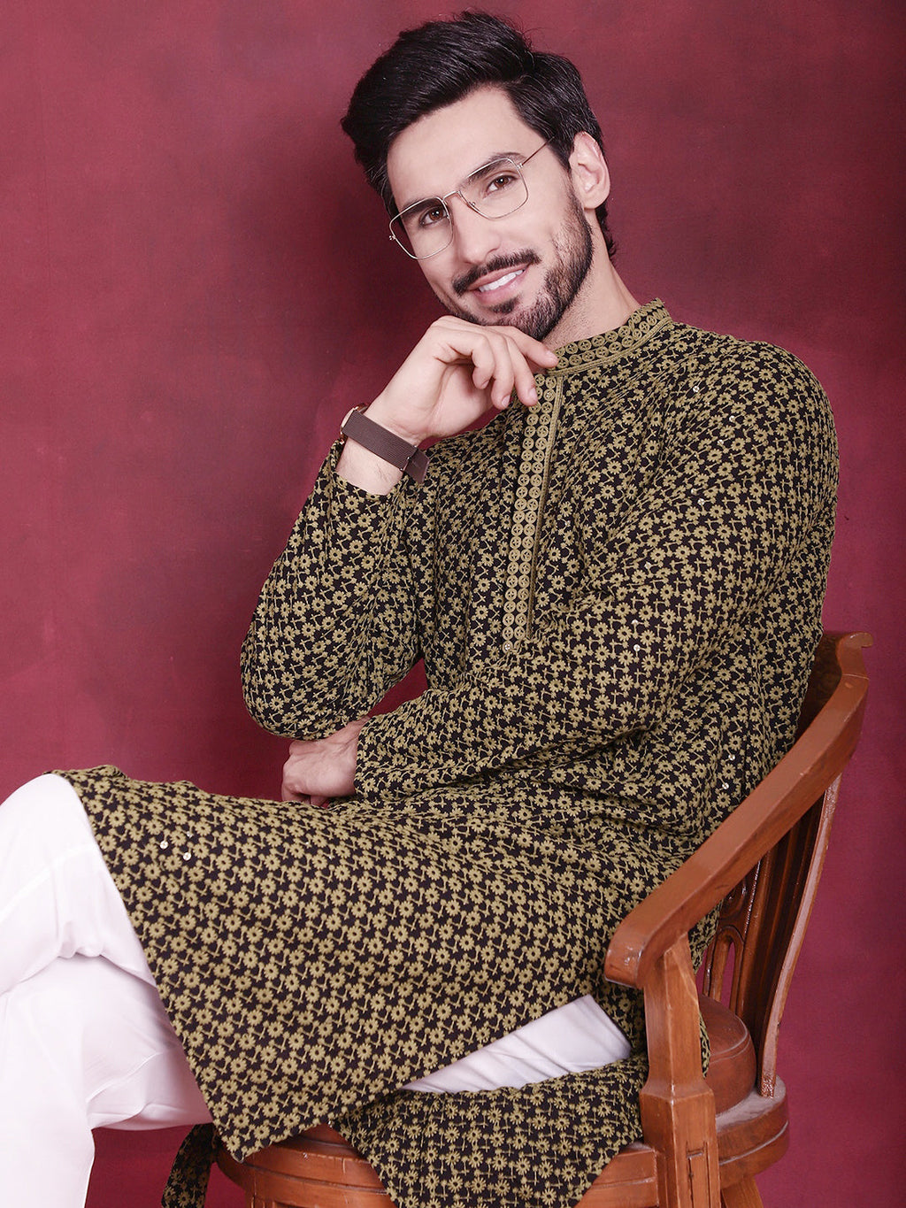Jompers Men's Sequins Embroidered Kurta - Mehndi | Grocsy