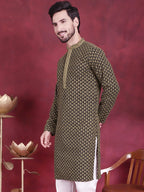 Jompers Men's Sequins Embroidered Kurta - Mehndi | Grocsy