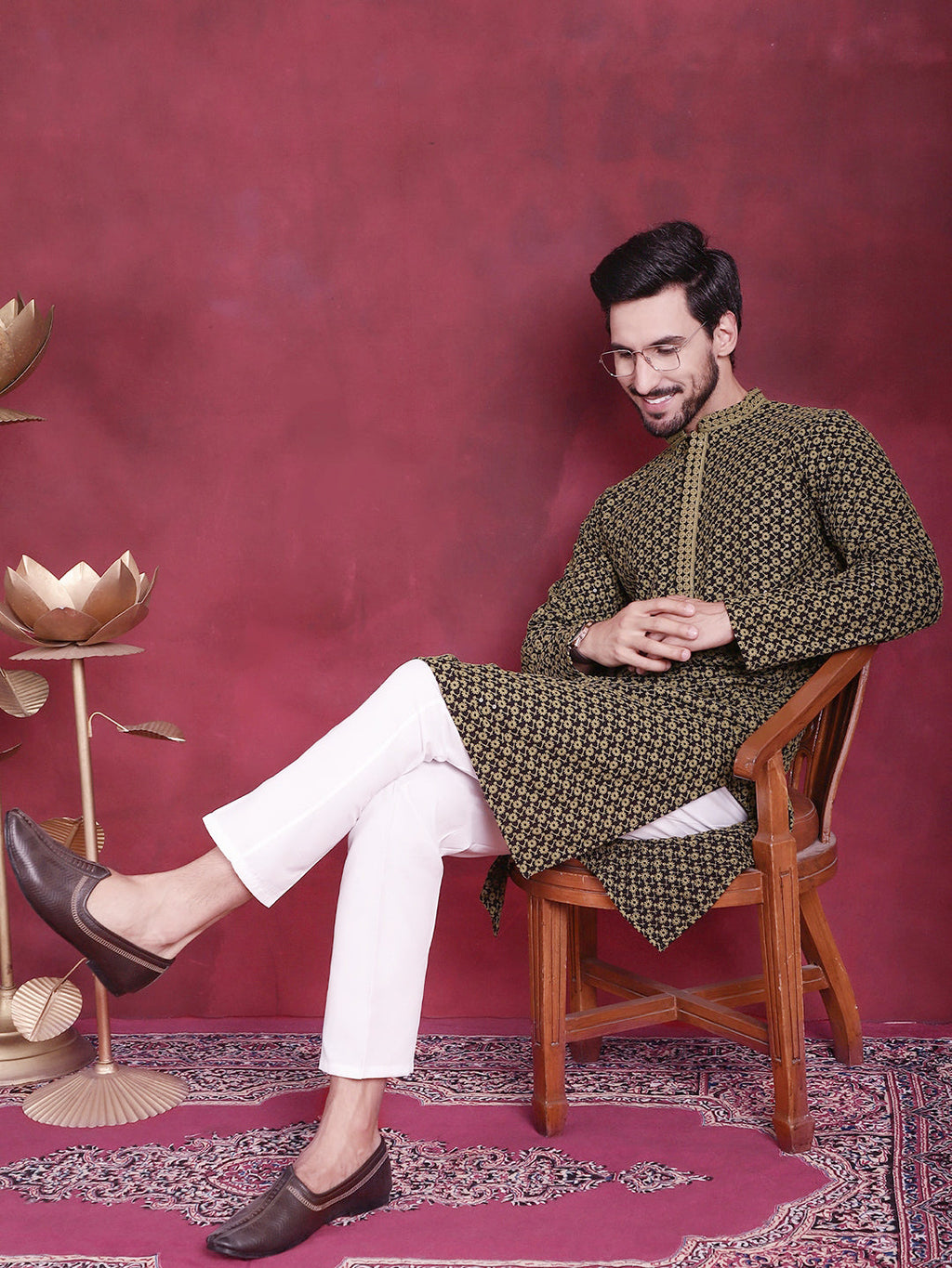 Jompers Men's Sequins Embroidered Kurta - Mehndi | Grocsy