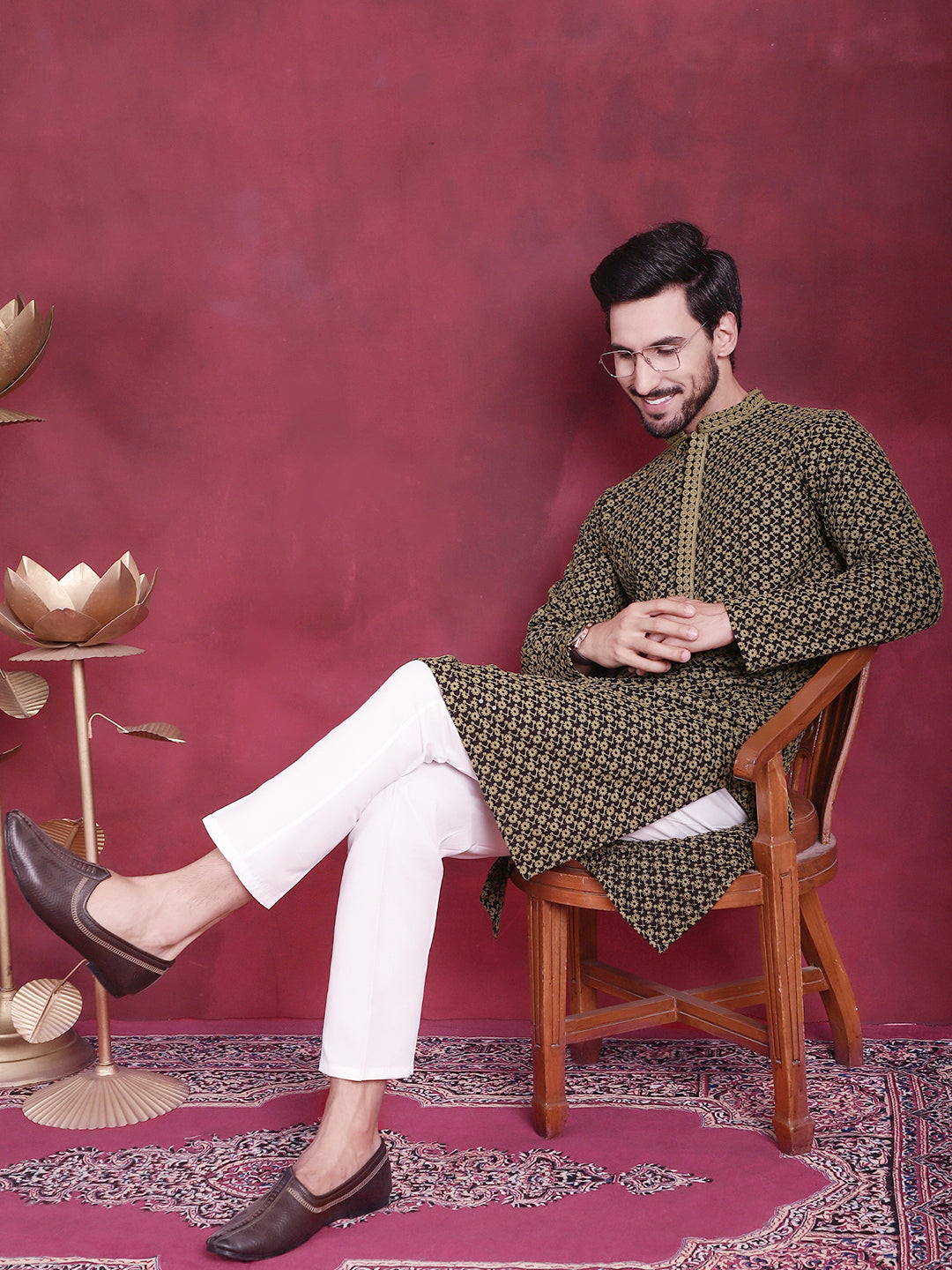 Jompers Men's Sequins Embroidered Kurta - Mehndi | Grocsy