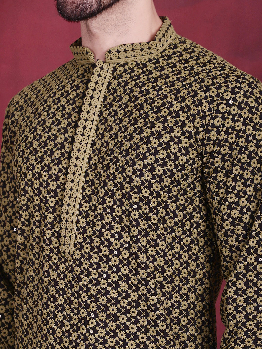 Jompers Men's Sequins Embroidered Kurta - Mehndi | Grocsy
