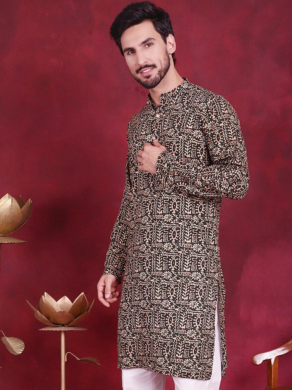 Jompers Men's Digital Printed Kurta - Olive | Grocsy