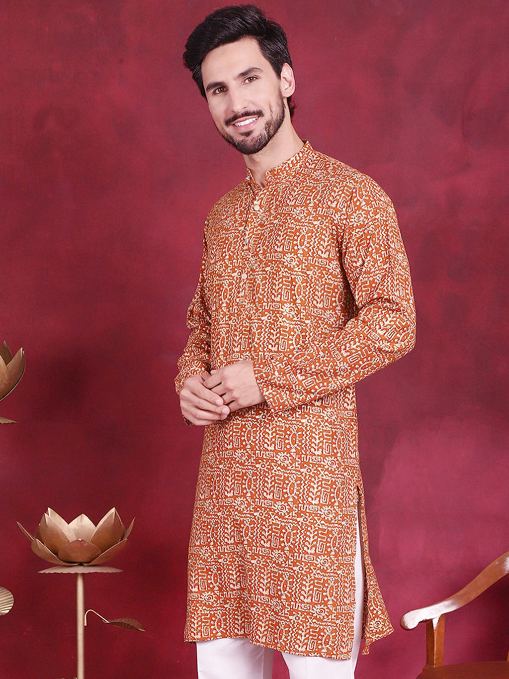 Jompers Men's Digital Printed Kurta - Mustard | Grocsy