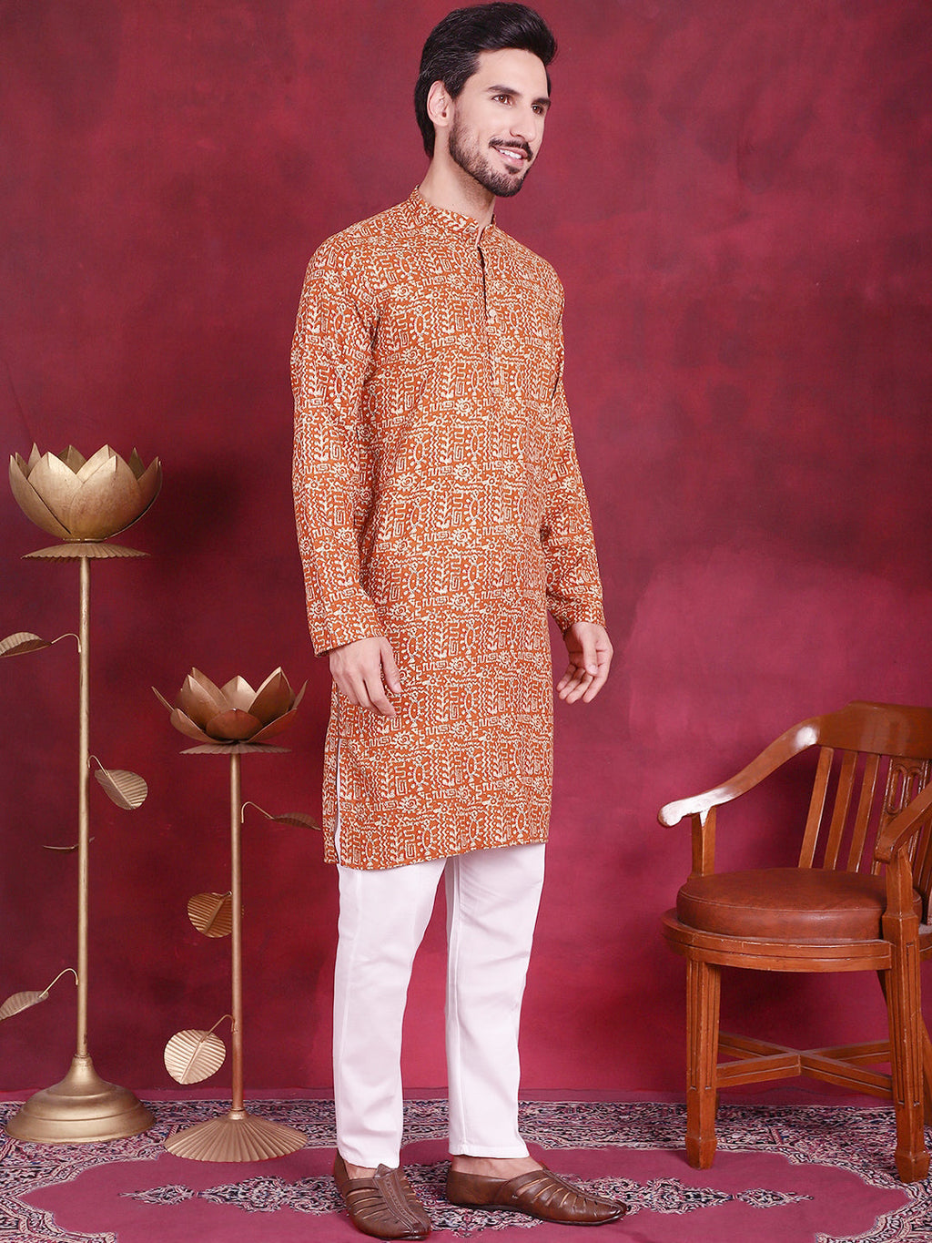 Jompers Men's Digital Printed Kurta - Mustard | Grocsy