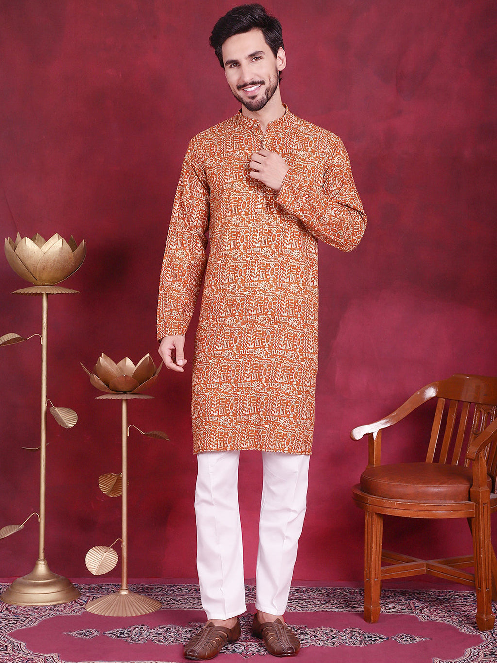 Jompers Men's Digital Printed Kurta - Mustard | Grocsy