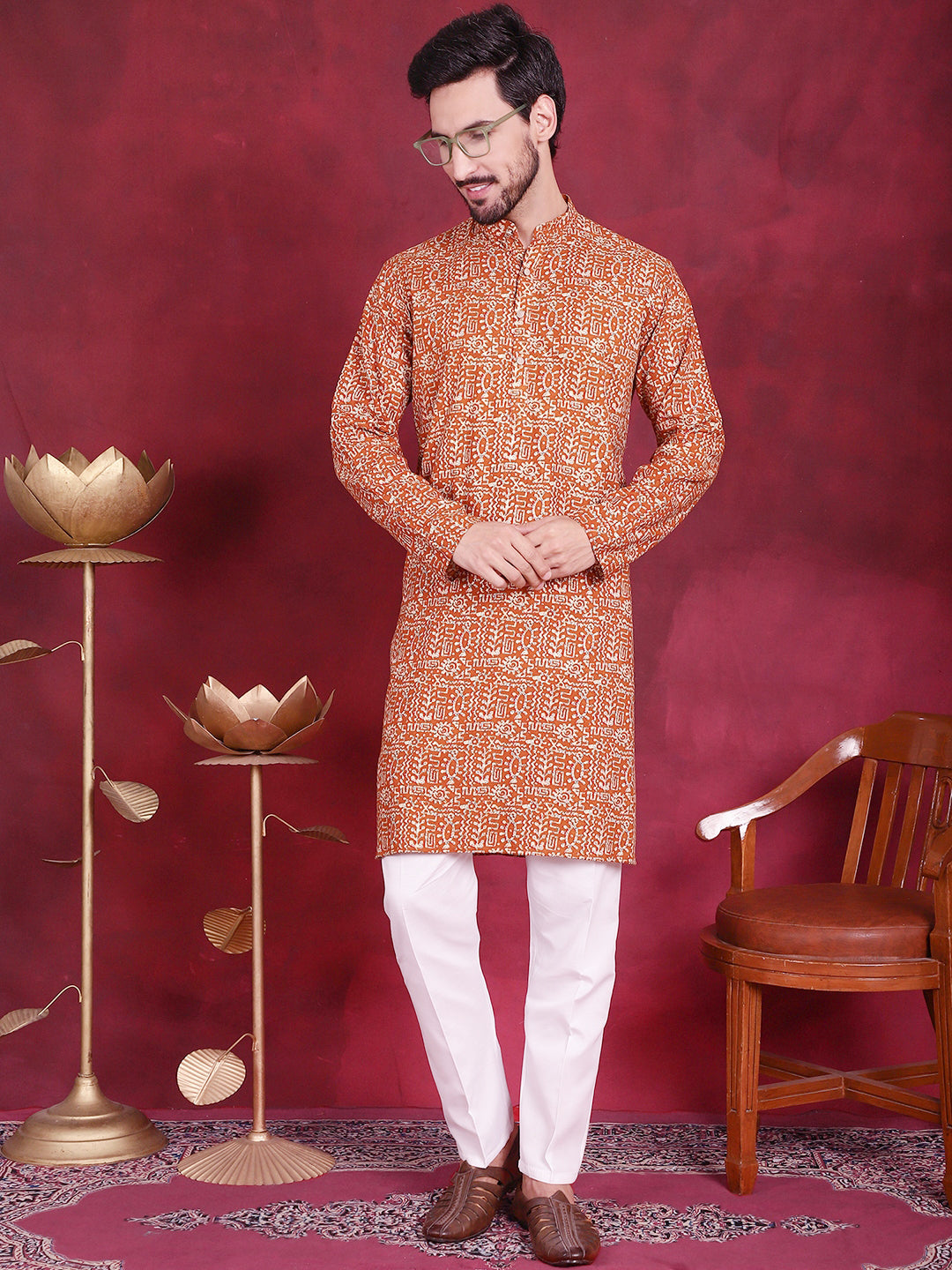 Jompers Men's Digital Printed Kurta - Mustard | Grocsy