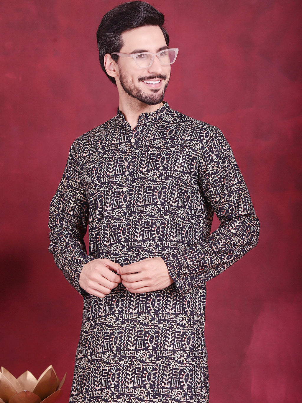 Jompers Men's Digital Printed Kurta - Navy Blue | Grocsy