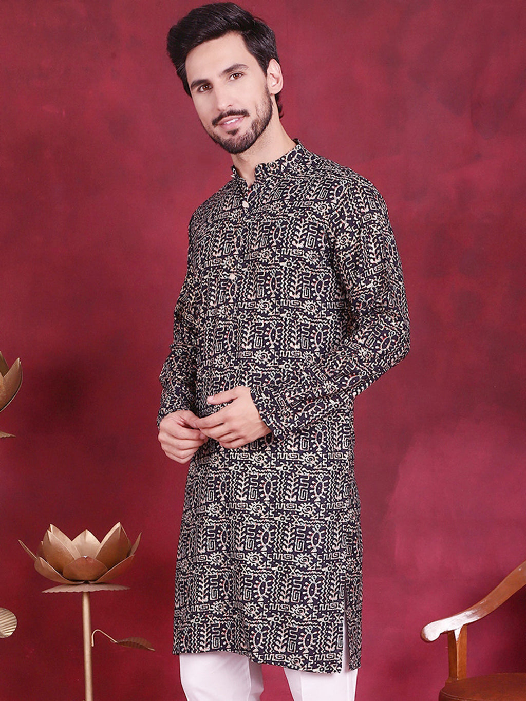 Jompers Men's Digital Printed Kurta - Navy Blue | Grocsy