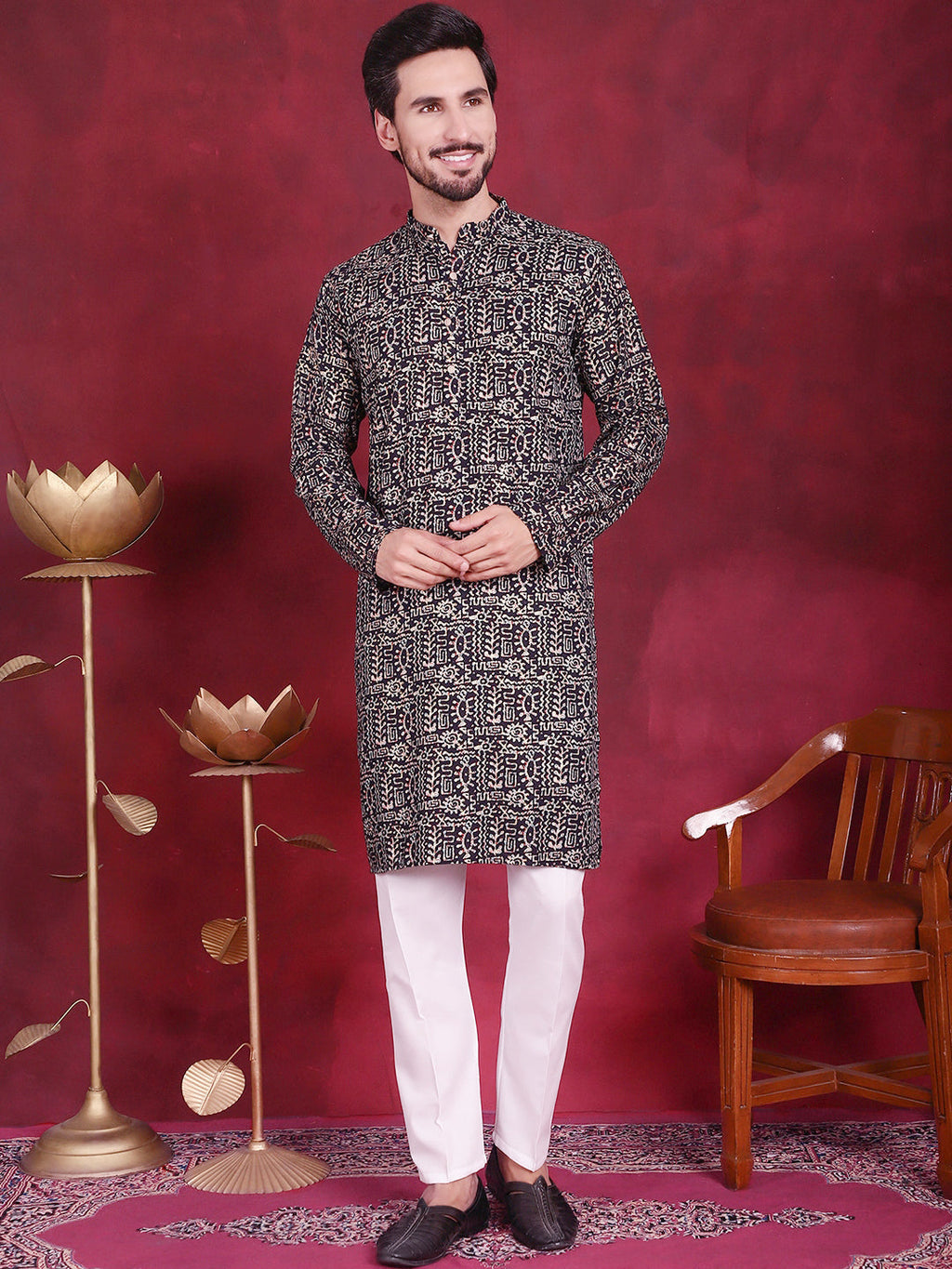 Jompers Men's Digital Printed Kurta - Navy Blue | Grocsy