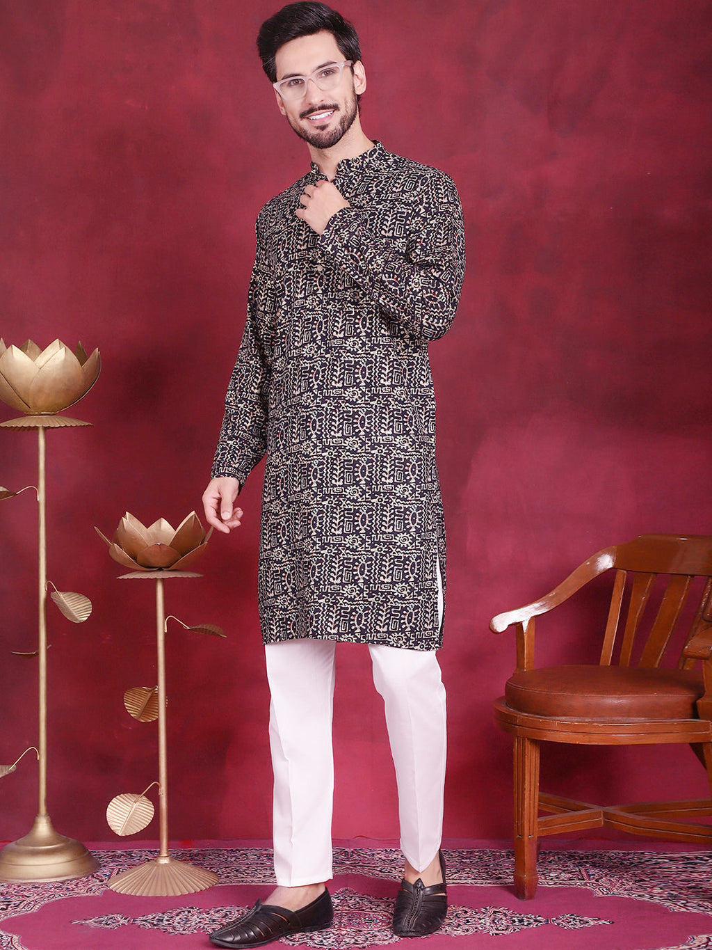 Jompers Men's Digital Printed Kurta - Navy Blue | Grocsy