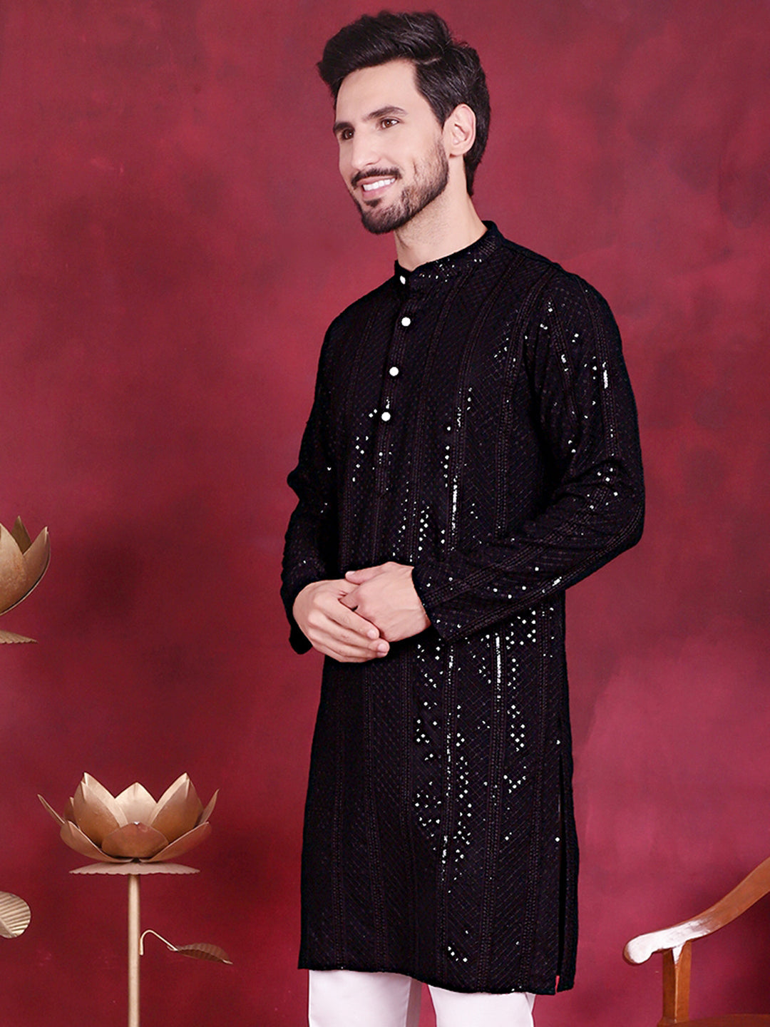 Jompers Men's Sequins Chikankari Embroidered Kurta - Black | Grocsy