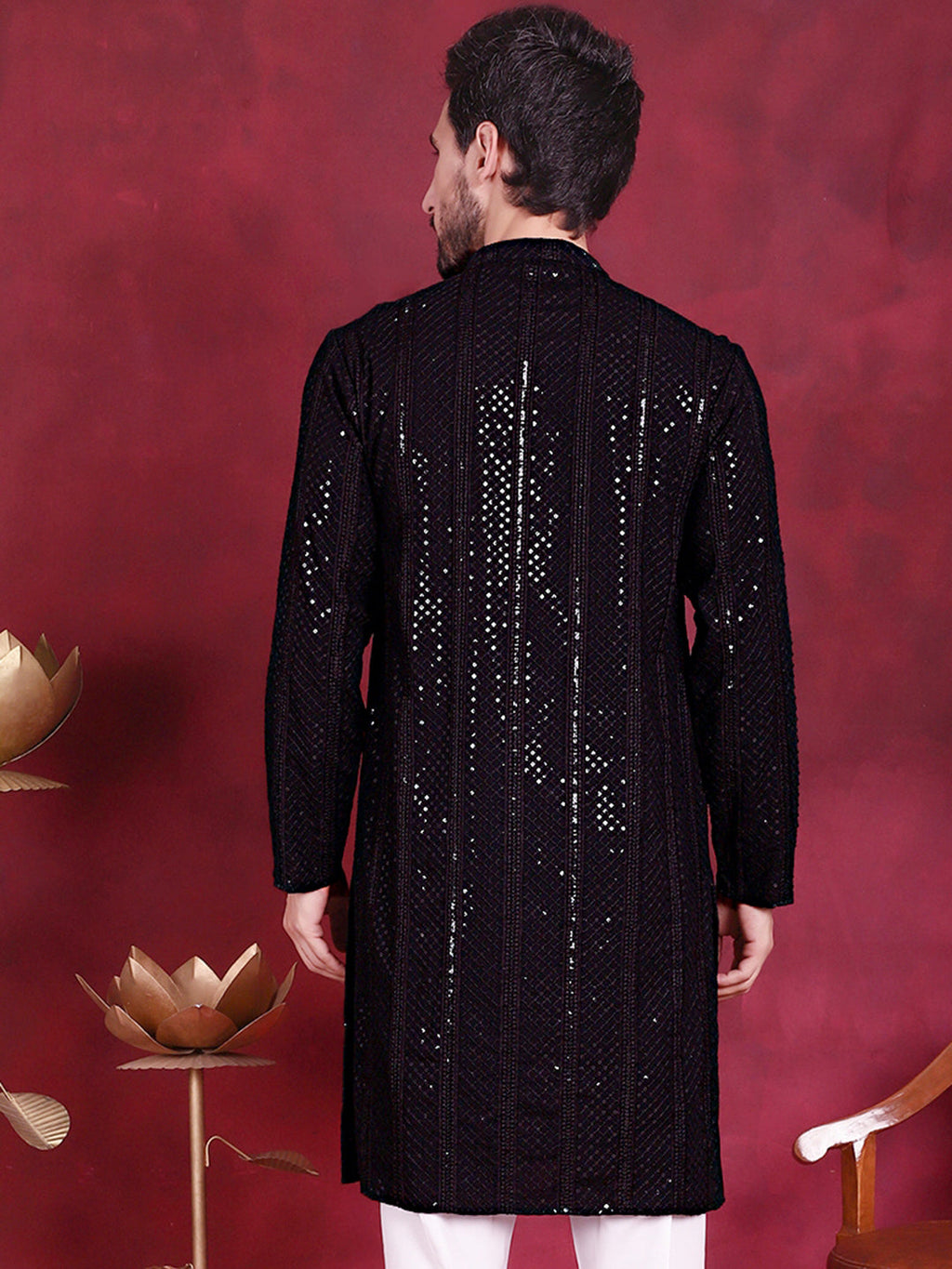 Jompers Men's Sequins Chikankari Embroidered Kurta - Black | Grocsy
