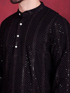 Jompers Men's Sequins Chikankari Embroidered Kurta - Black | Grocsy