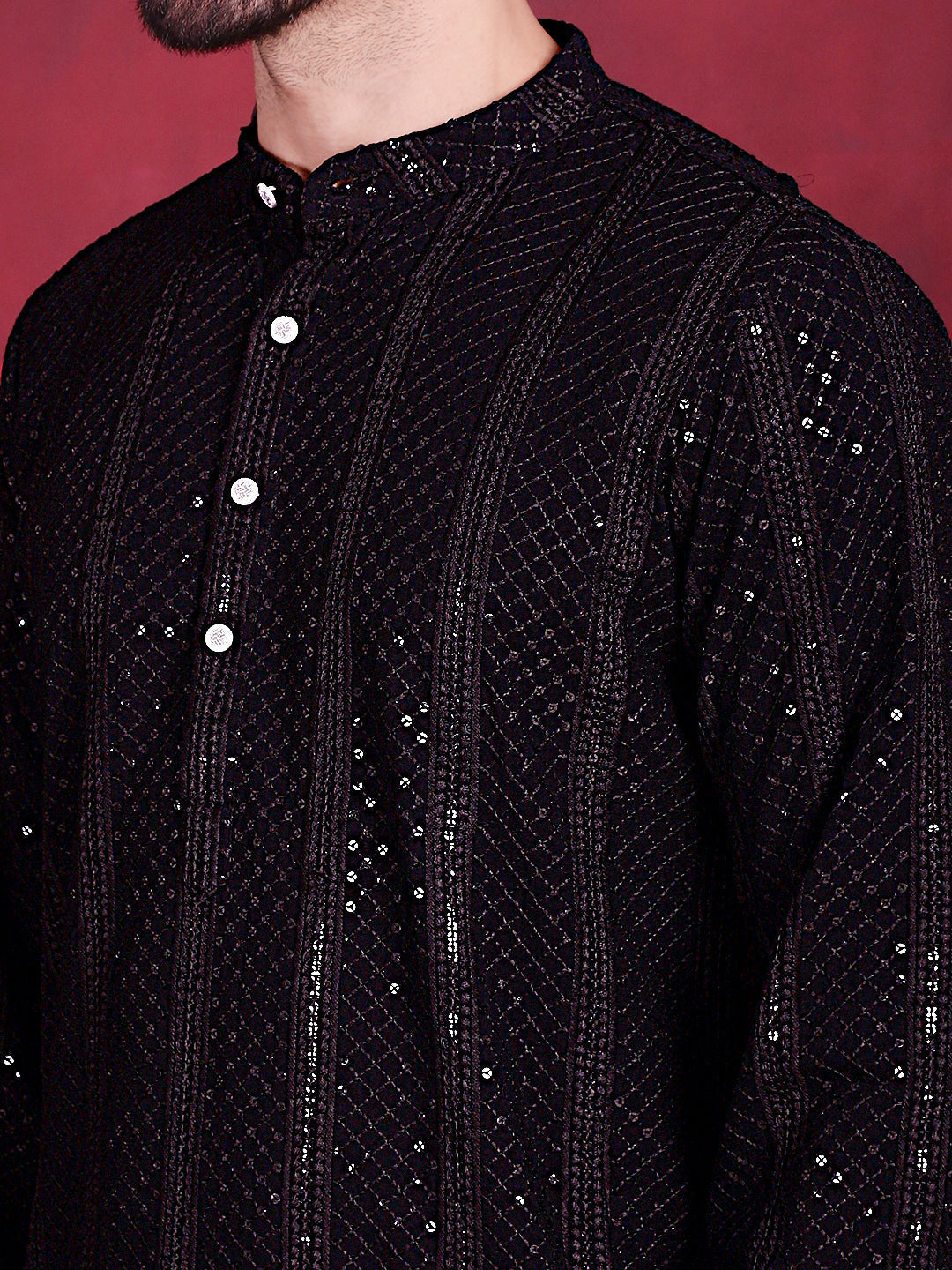 Jompers Men's Sequins Chikankari Embroidered Kurta - Black | Grocsy