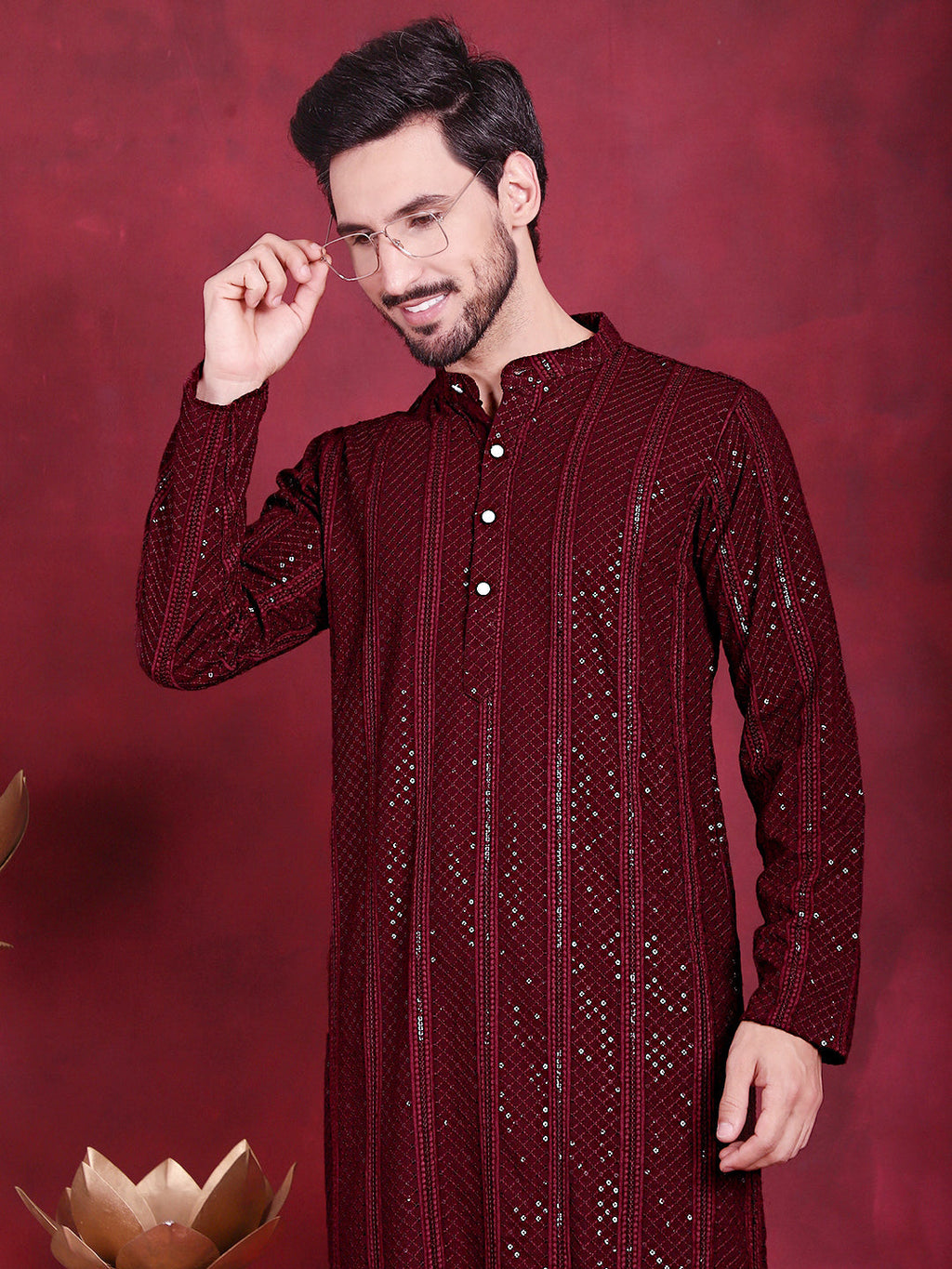 Jompers Men's Sequins Chikankari Embroidered Kurta - Maroon | Grocsy