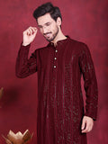 Jompers Men's Sequins Chikankari Embroidered Kurta - Maroon | Grocsy