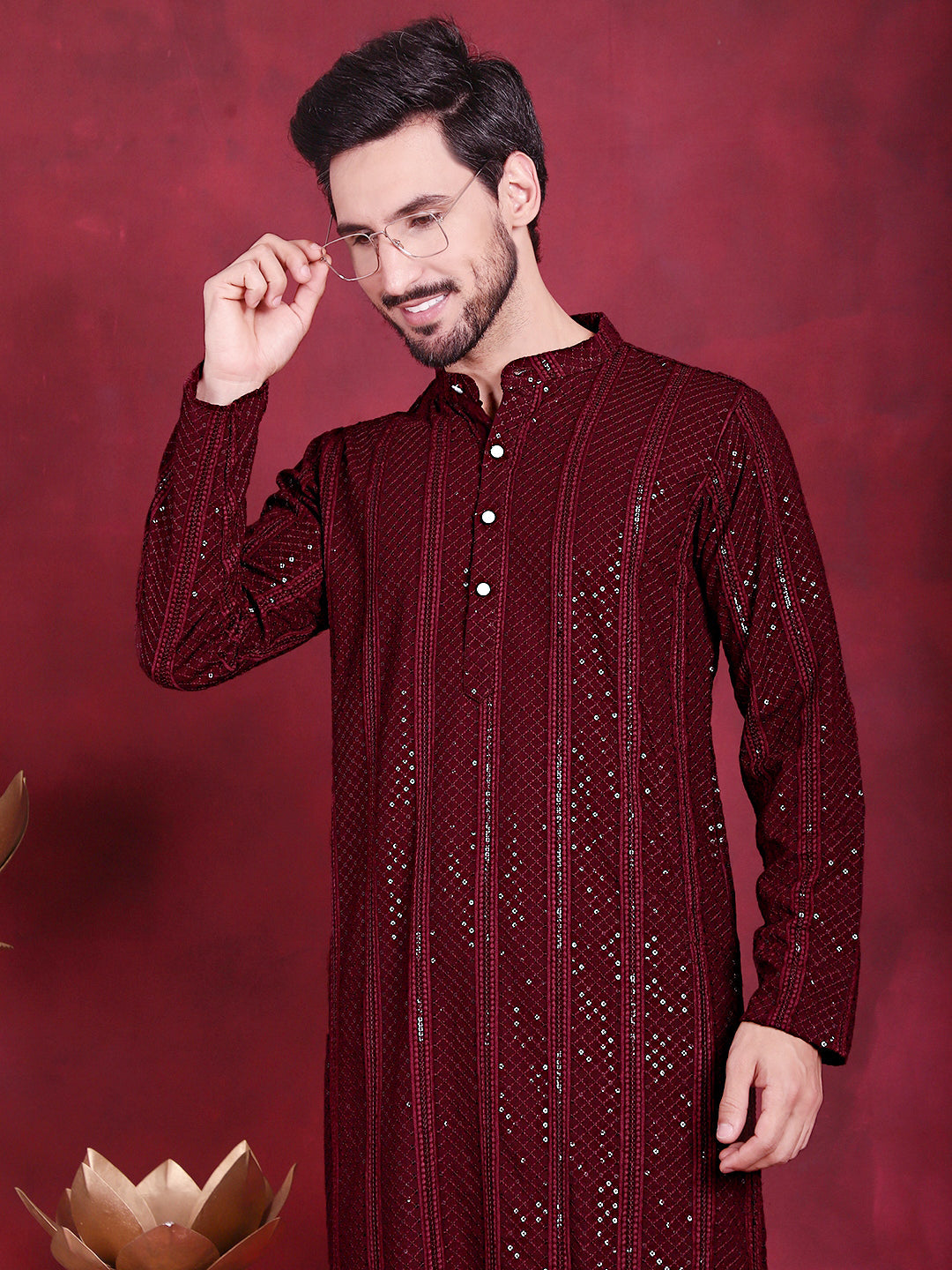 Jompers Men's Sequins Chikankari Embroidered Kurta - Maroon | Grocsy