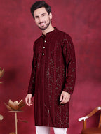 Jompers Men's Sequins Chikankari Embroidered Kurta - Maroon | Grocsy