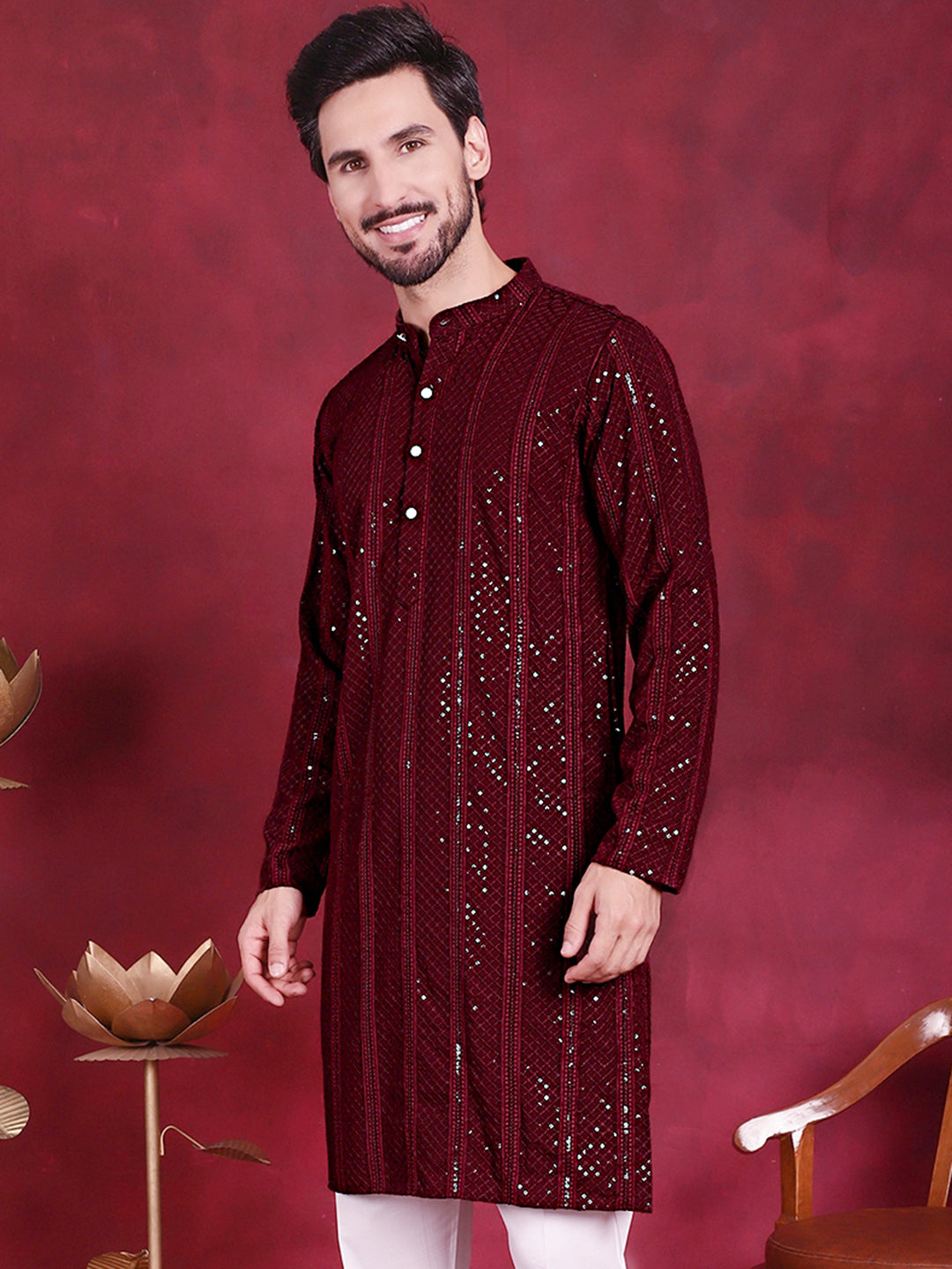 Jompers Men's Sequins Chikankari Embroidered Kurta - Maroon | Grocsy