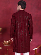 Jompers Men's Sequins Chikankari Embroidered Kurta - Maroon | Grocsy