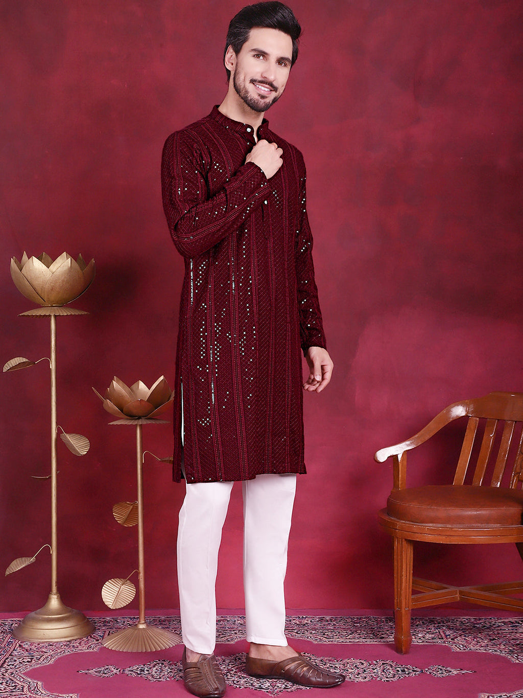 Jompers Men's Sequins Chikankari Embroidered Kurta - Maroon | Grocsy