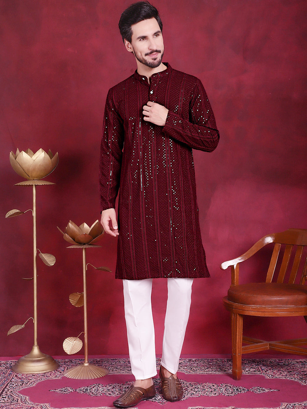 Jompers Men's Sequins Chikankari Embroidered Kurta - Maroon | Grocsy
