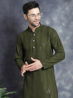 Jompers Men's Sequins Chikankari Embroidered Kurta - Mehndi | Grocsy
