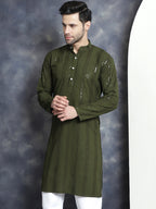 Jompers Men's Sequins Chikankari Embroidered Kurta - Mehndi | Grocsy