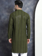 Jompers Men's Sequins Chikankari Embroidered Kurta - Mehndi | Grocsy