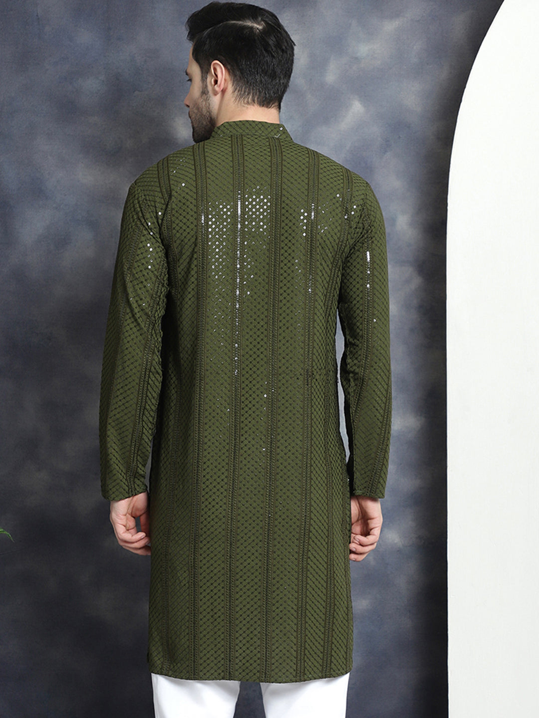Jompers Men's Sequins Chikankari Embroidered Kurta - Mehndi | Grocsy