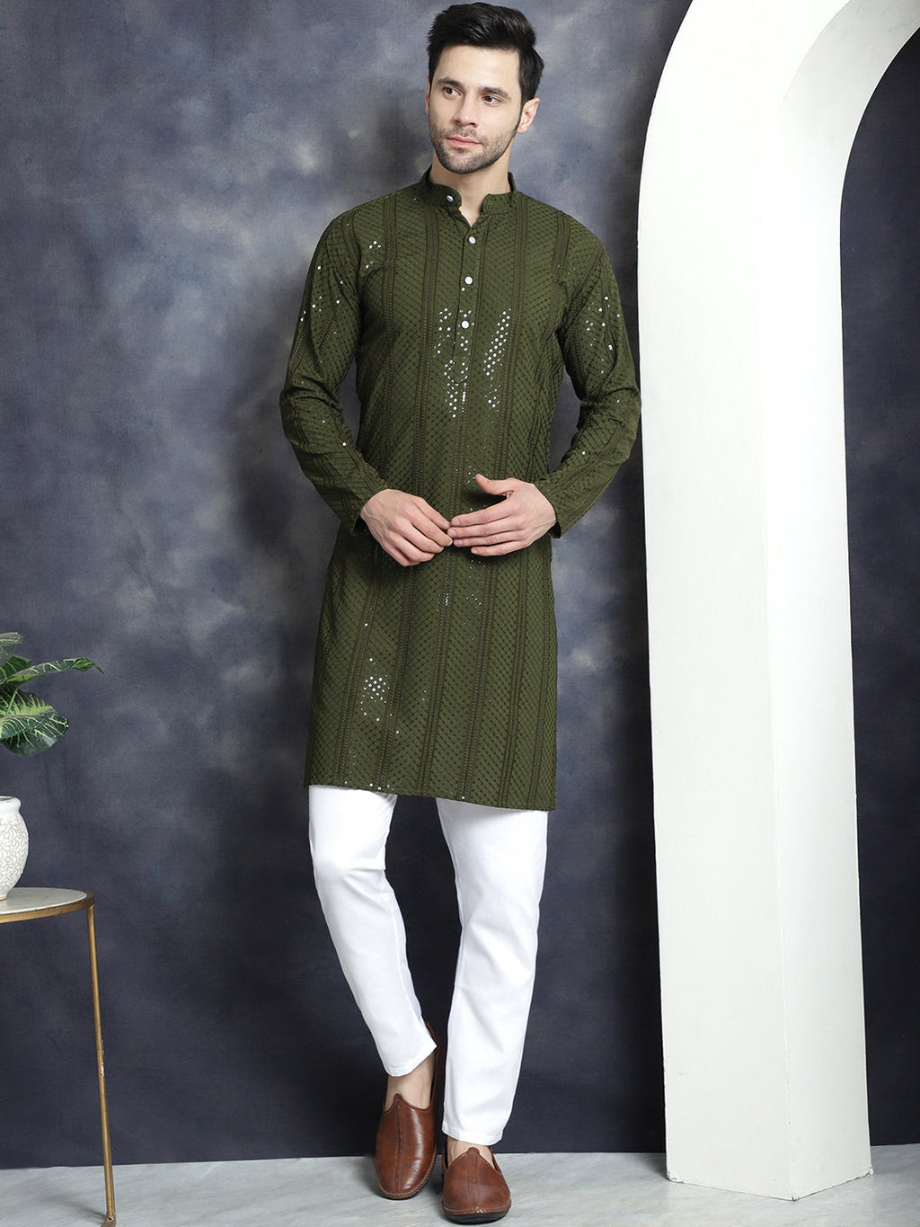 Jompers Men's Sequins Chikankari Embroidered Kurta - Mehndi | Grocsy